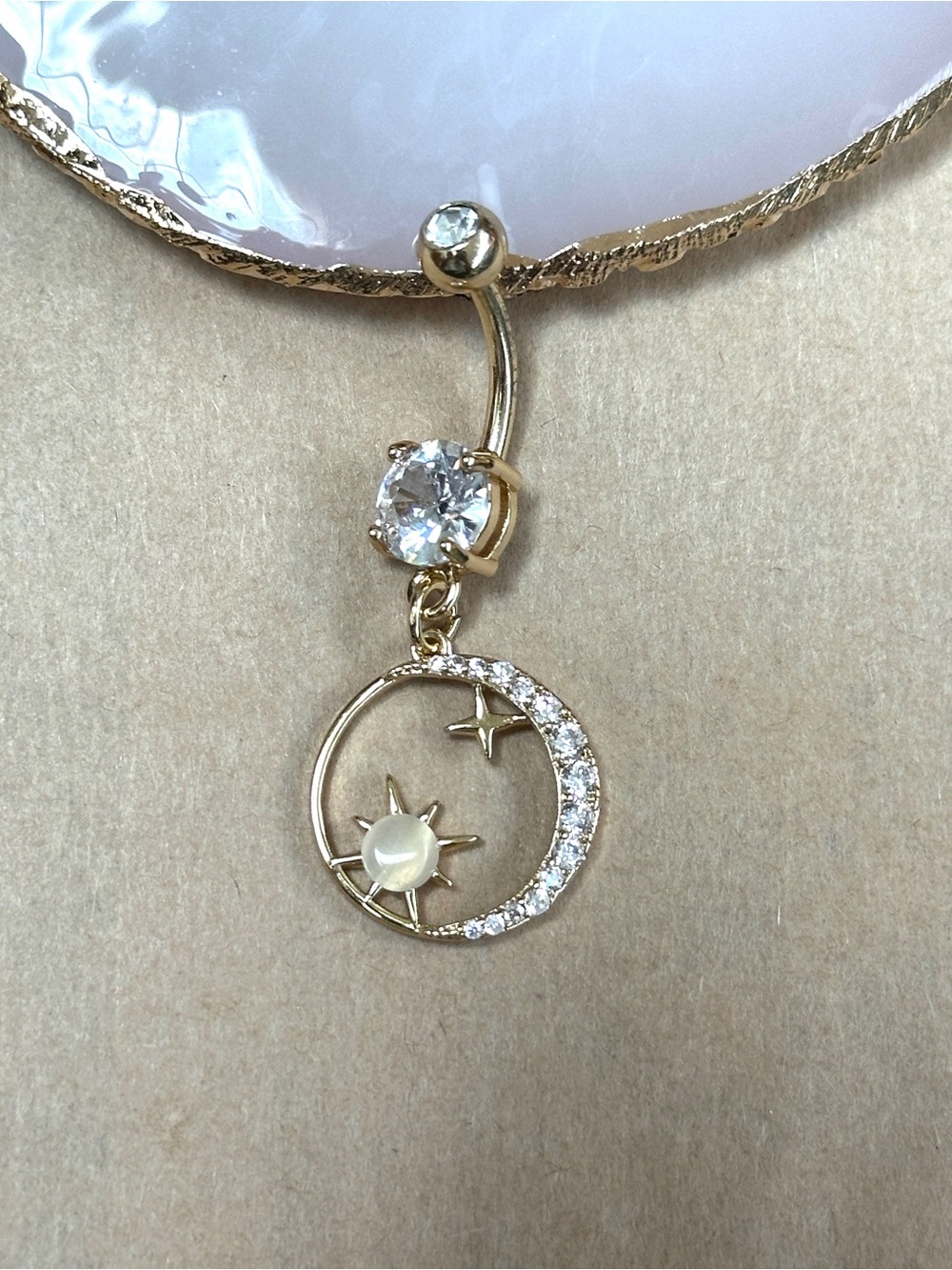 Gold Plated gem moon and star dangle belly button ring navel ring 14 gauge new